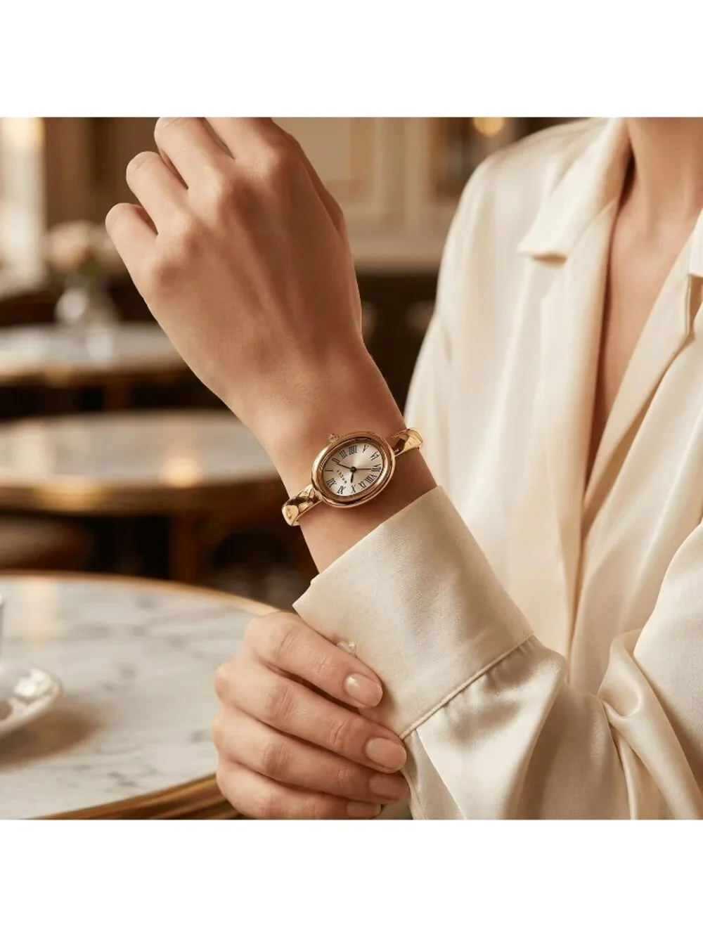 Women's Gold/White Elegant Open-Cuff Bracelet Roman Numeral Dial Wrist Watches